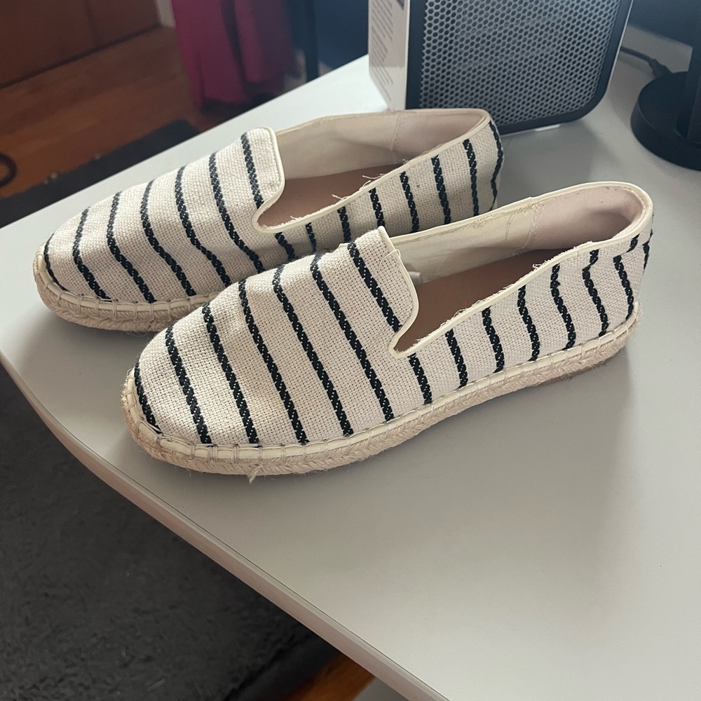 Striped Canvas Espadrille Slip-On Flats - Black & Cream